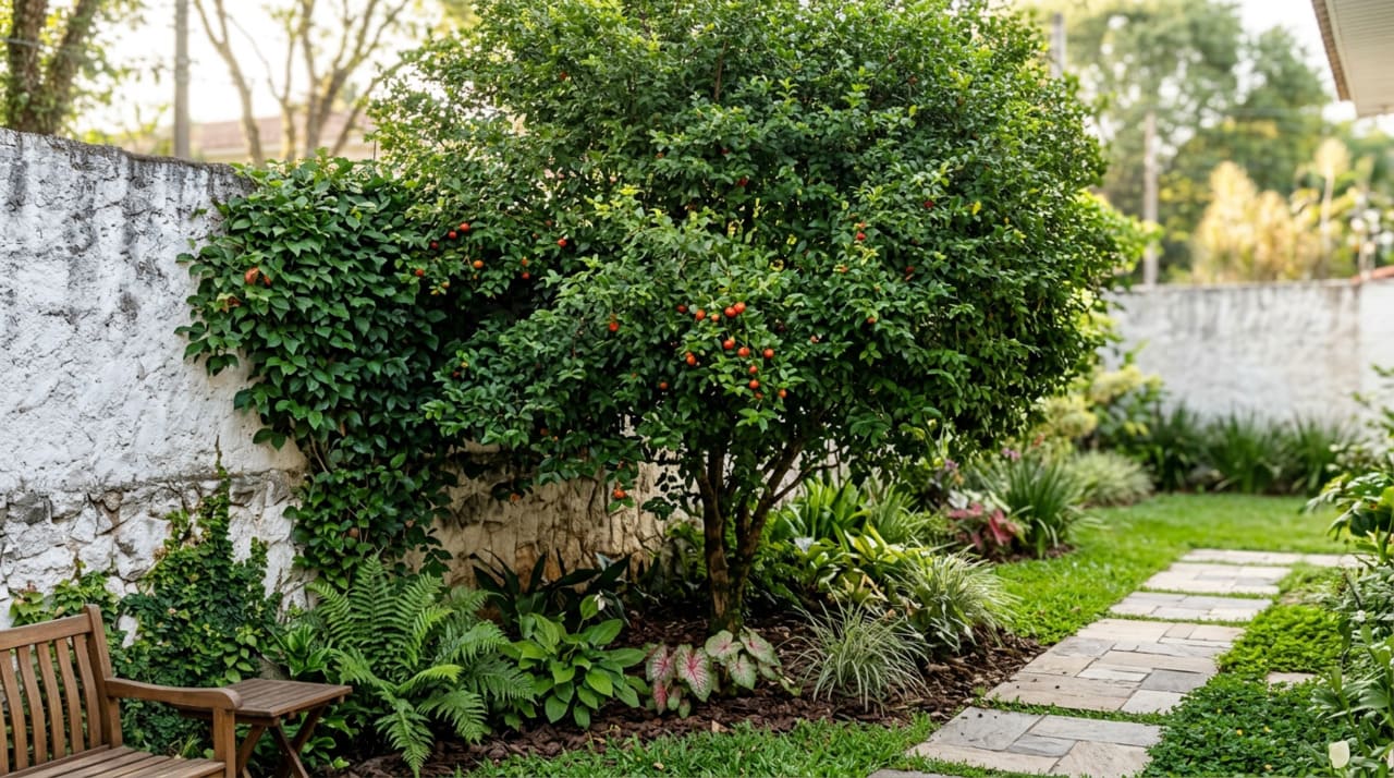 Essas árvores funcionam como um “painel” natural de proteção visual, reduzindo a exposição das áreas internas da casa e deixando o jardim mais agradável.