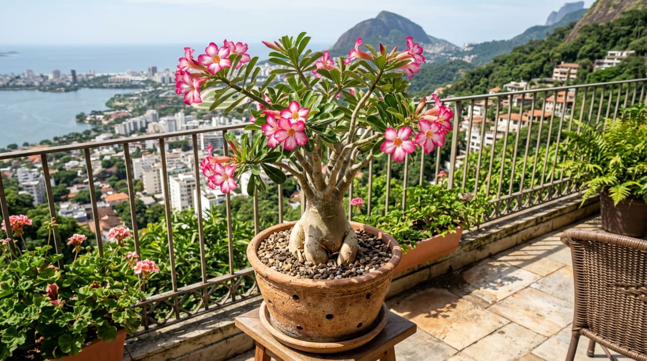 A rega é o cuidado mais delicado da rosa do deserto.