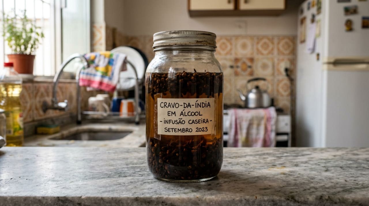 Quando os botõezinhos de cravo-da-índia ficam mergulhados no álcool por alguns dias, o líquido começa a puxar o que há de mais característico nessa especiaria.
