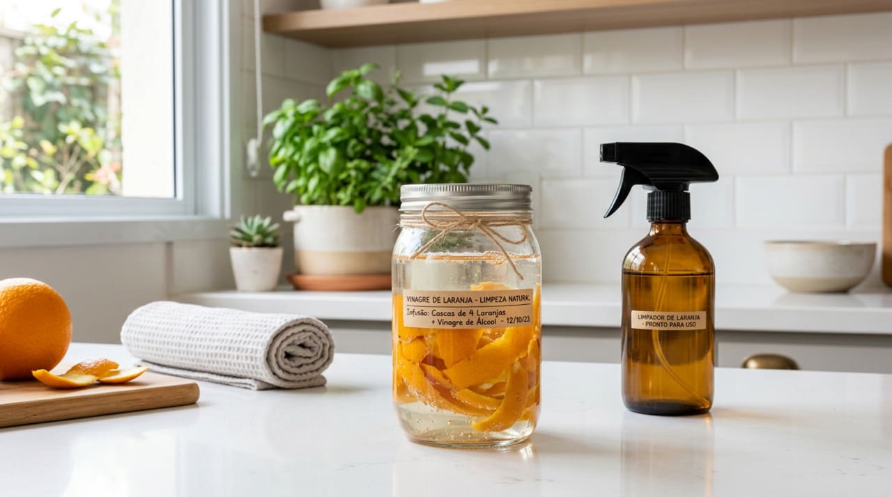 No dia a dia, essa solução funciona como um limpador multiuso natural para faxinas rápidas, ajudando a remover respingos de óleo, poeira mais grudada e resíduos de comida