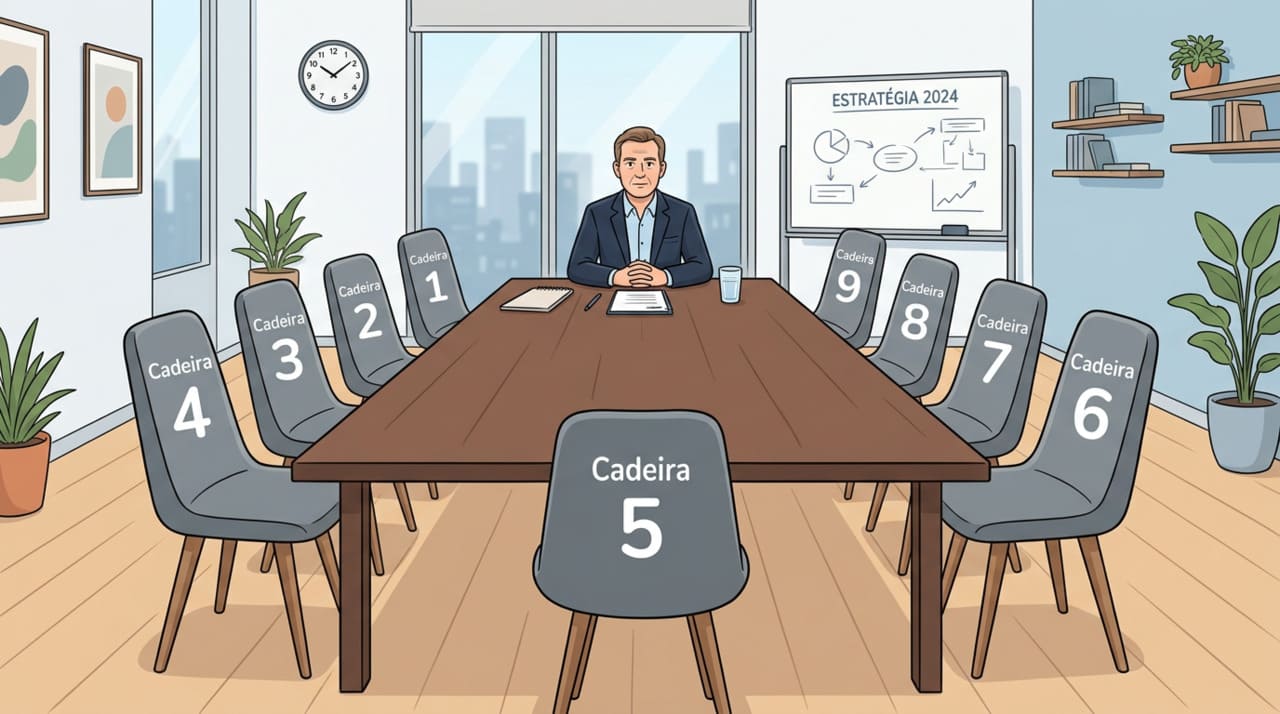 As nove cadeiras se distribuem ao redor da mesa em diferentes graus de proximidade com quem conduz a reunião.