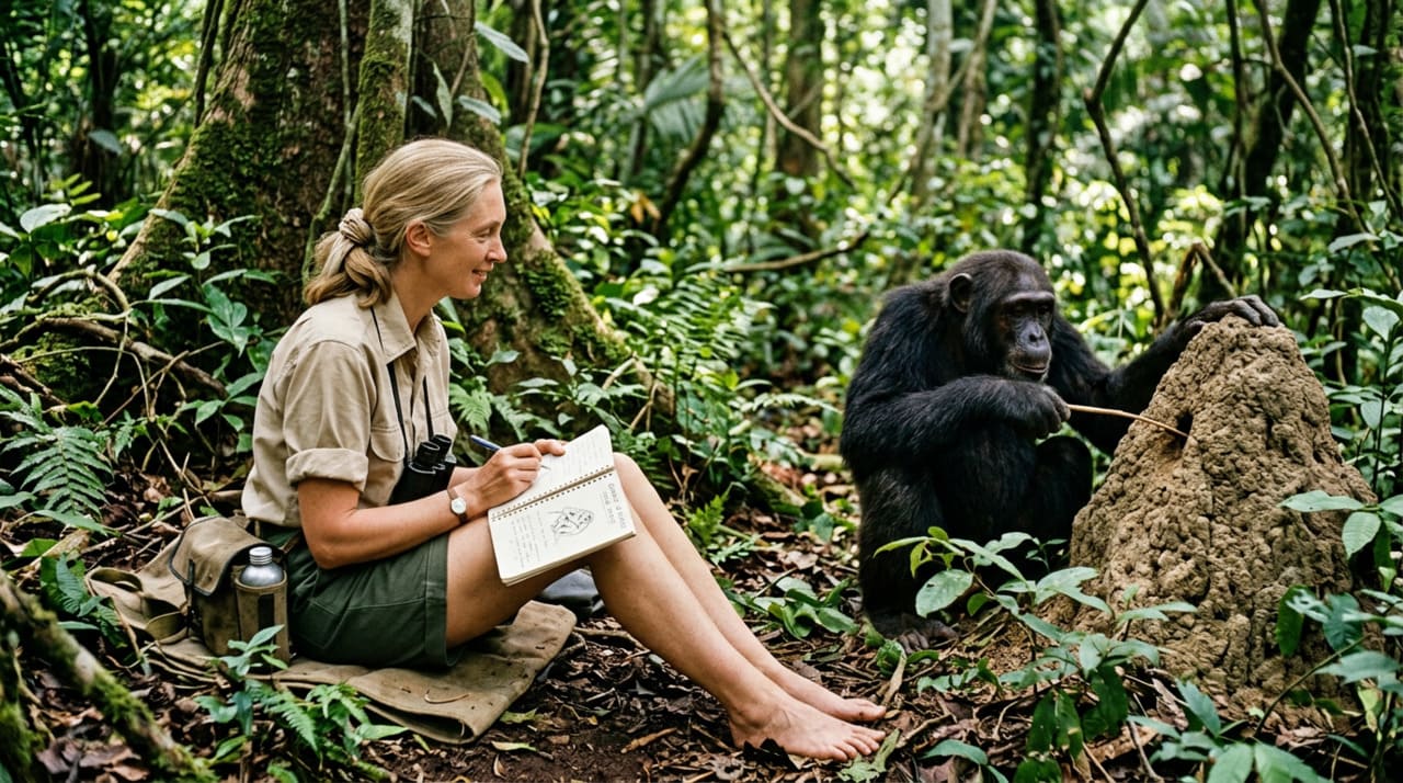 Ao viver próxima aos chimpanzés, Goodall conseguiu observar comportamentos inéditos que mudaram a ciência