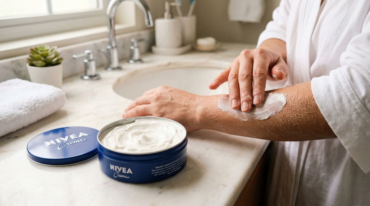 O Creme Nivea é um hidratante de textura densa, formulado para criar uma barreira protetora sobre a pele.