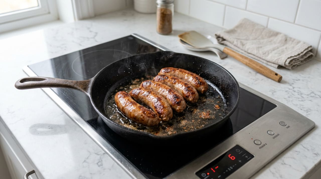 O que você deve colocar na frigideira ao fritar linguiças para evitar que o óleo espirre no fogão?