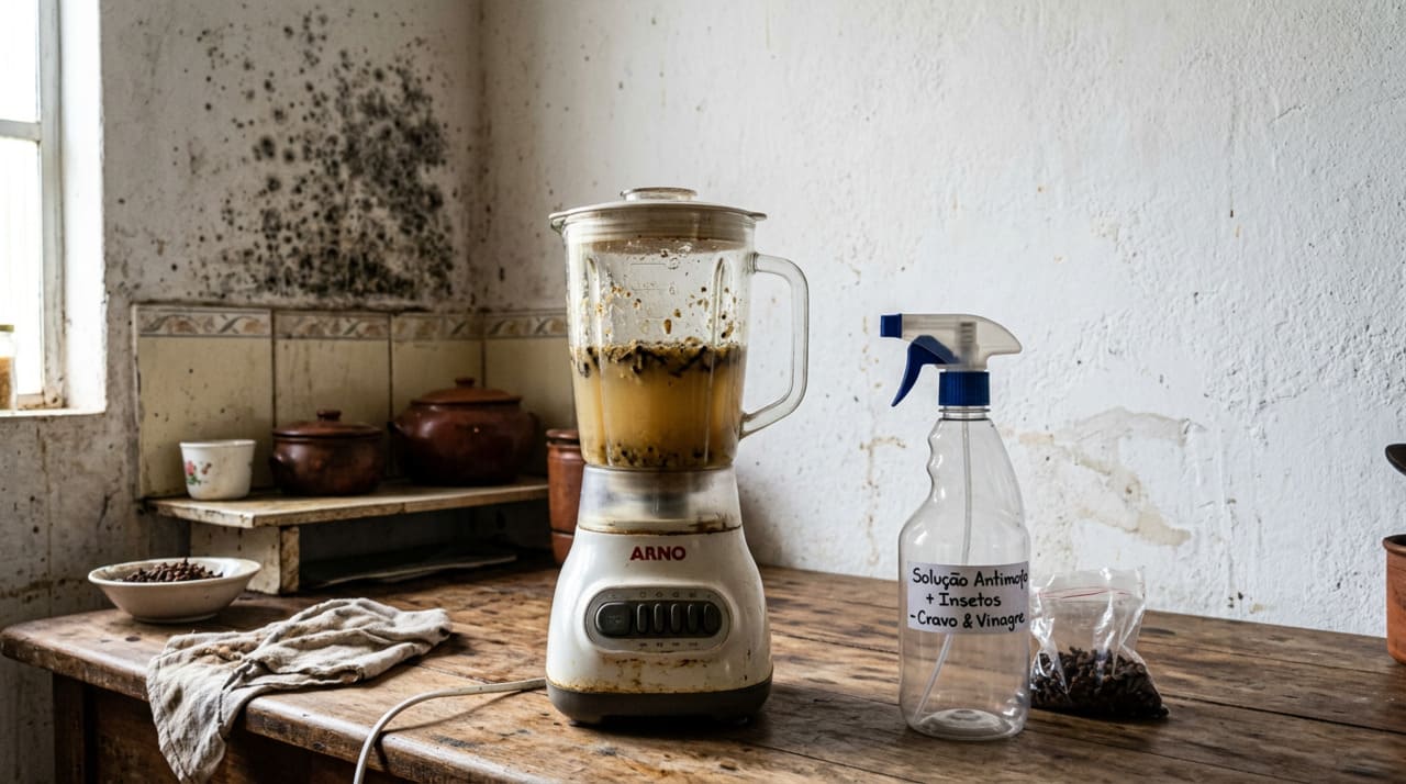 O vinagre branco tem acidez natural e ajuda a soltar resíduos, neutralizar cheiro de umidade e dificultar a permanência de fungos em superfícies laváveis