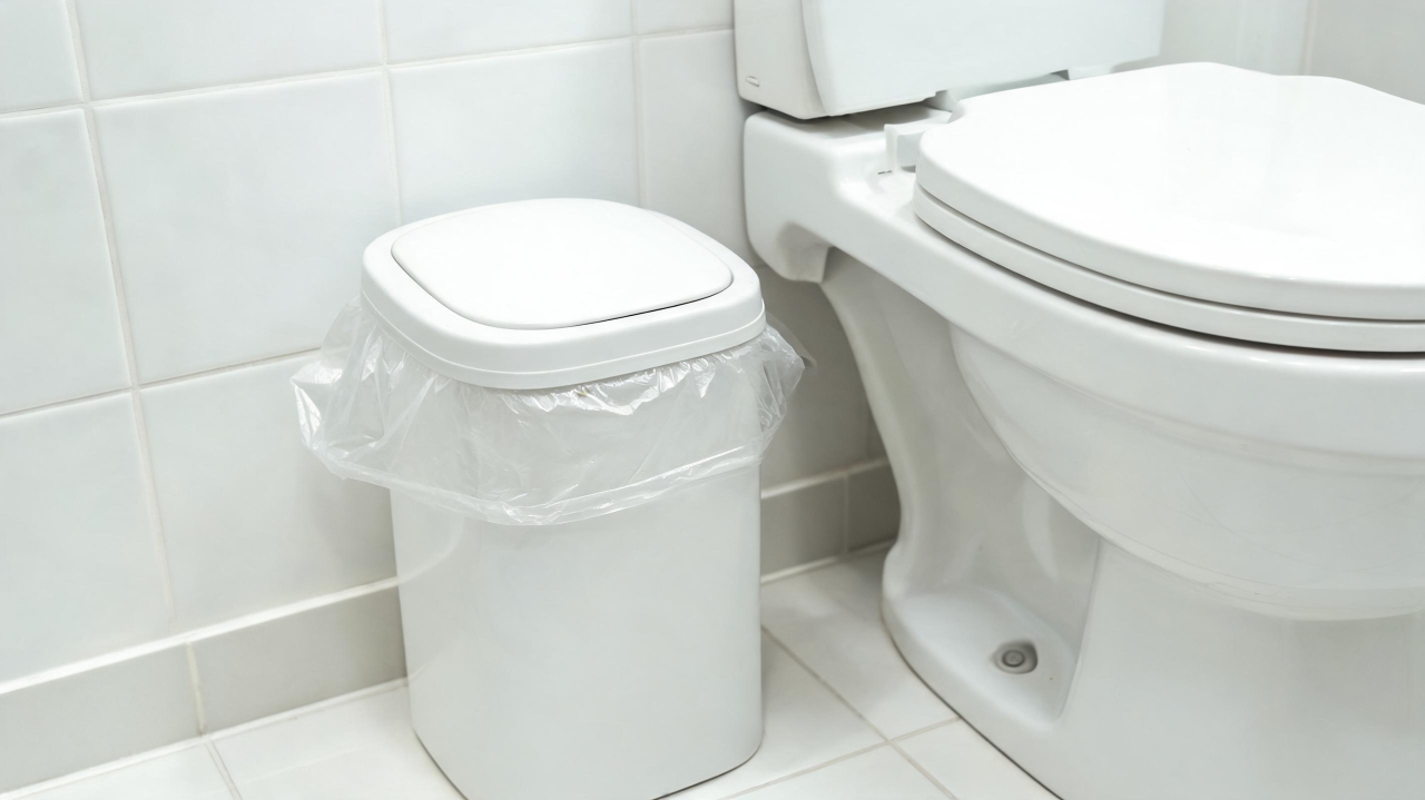 lixeira de banheiro com saco plástico bem ajustado e tampa fechada ao lado do vaso, ambiente higienizado, sem nenhuma escrita na imagem