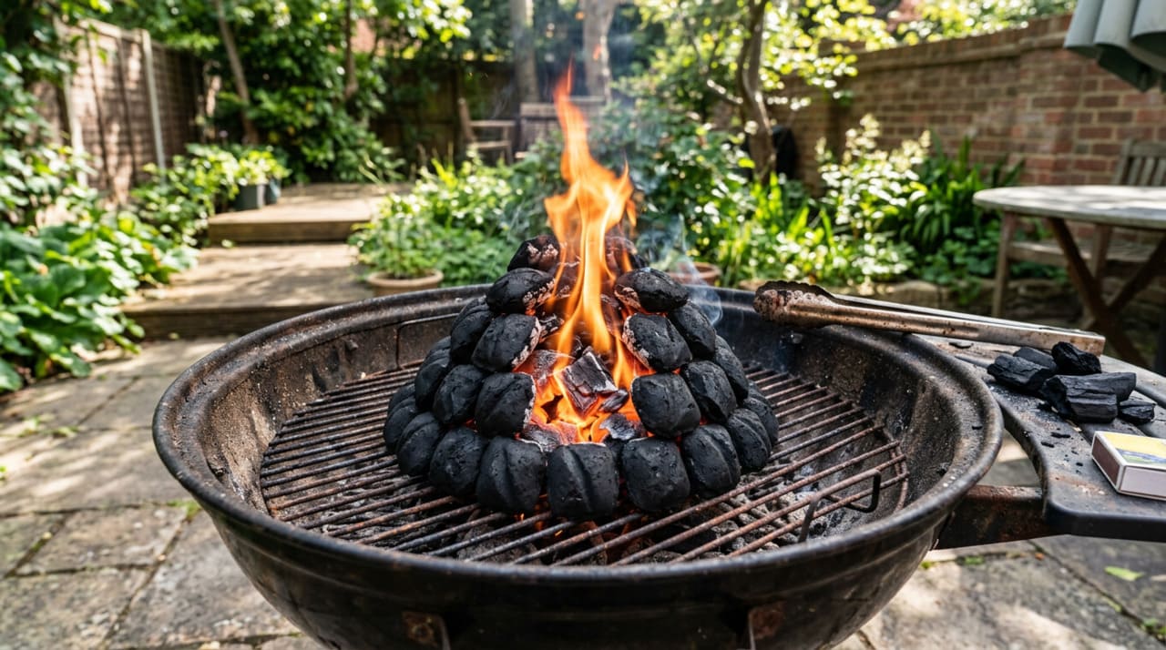 O carvão para churrasco é preparado para queimar de forma lenta e constante, garantindo calor suficiente para assar carnes, legumes e outros alimentos.