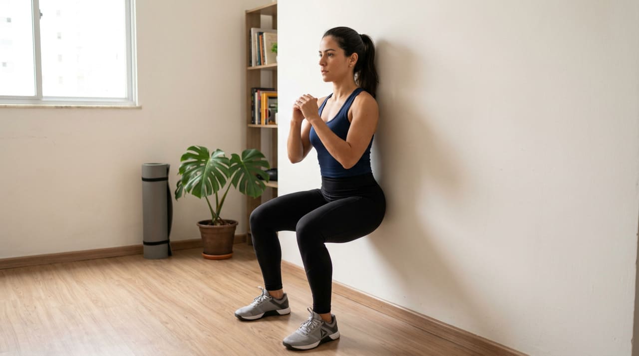 O wall sit é um exercício de contração isométrica, em que você mantém a posição de cadeira imaginária apoiando as costas na parede por alguns segundos.