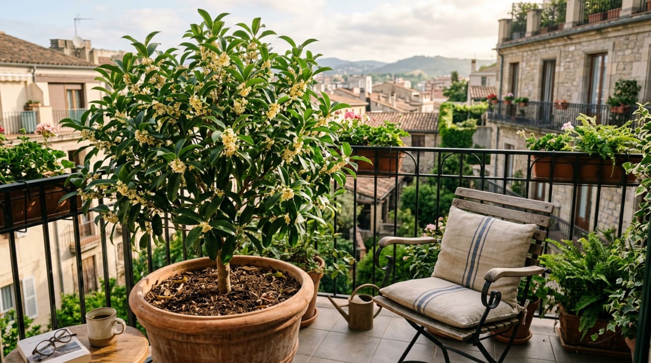 O olivo-doce se adapta bem ao cultivo em vaso quando recebe luz, substrato drenado e regas moderadas.