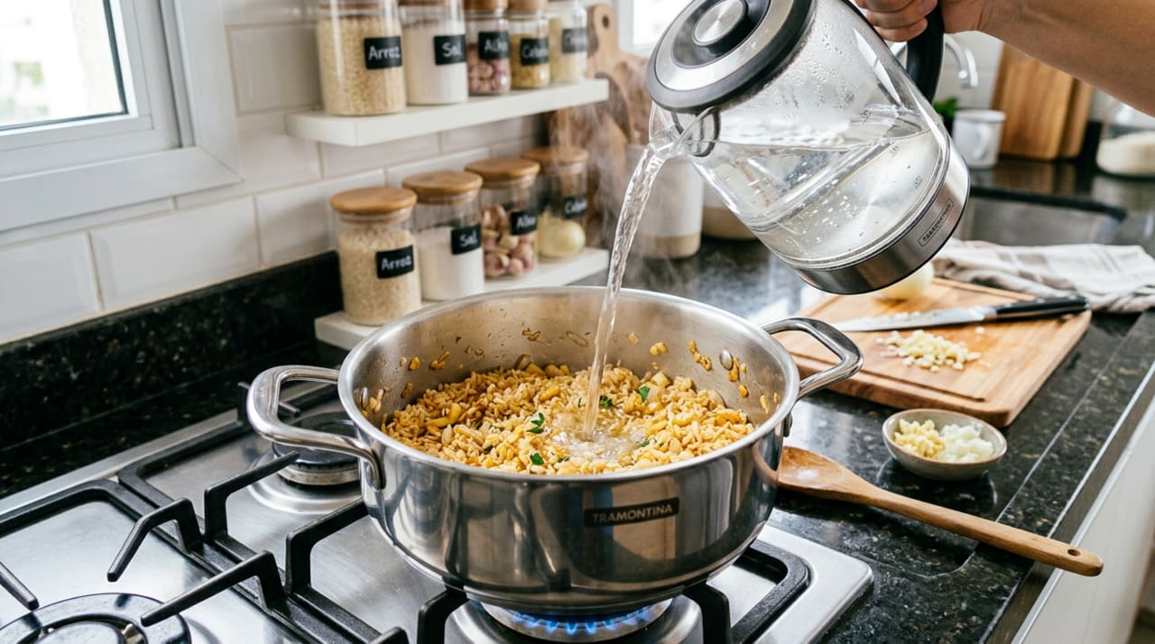 O método convencional, que consiste em lavar o arroz, colocar na panela com água fria e levar ao fogo, não é errado, mas é ineficiente em dois pontos