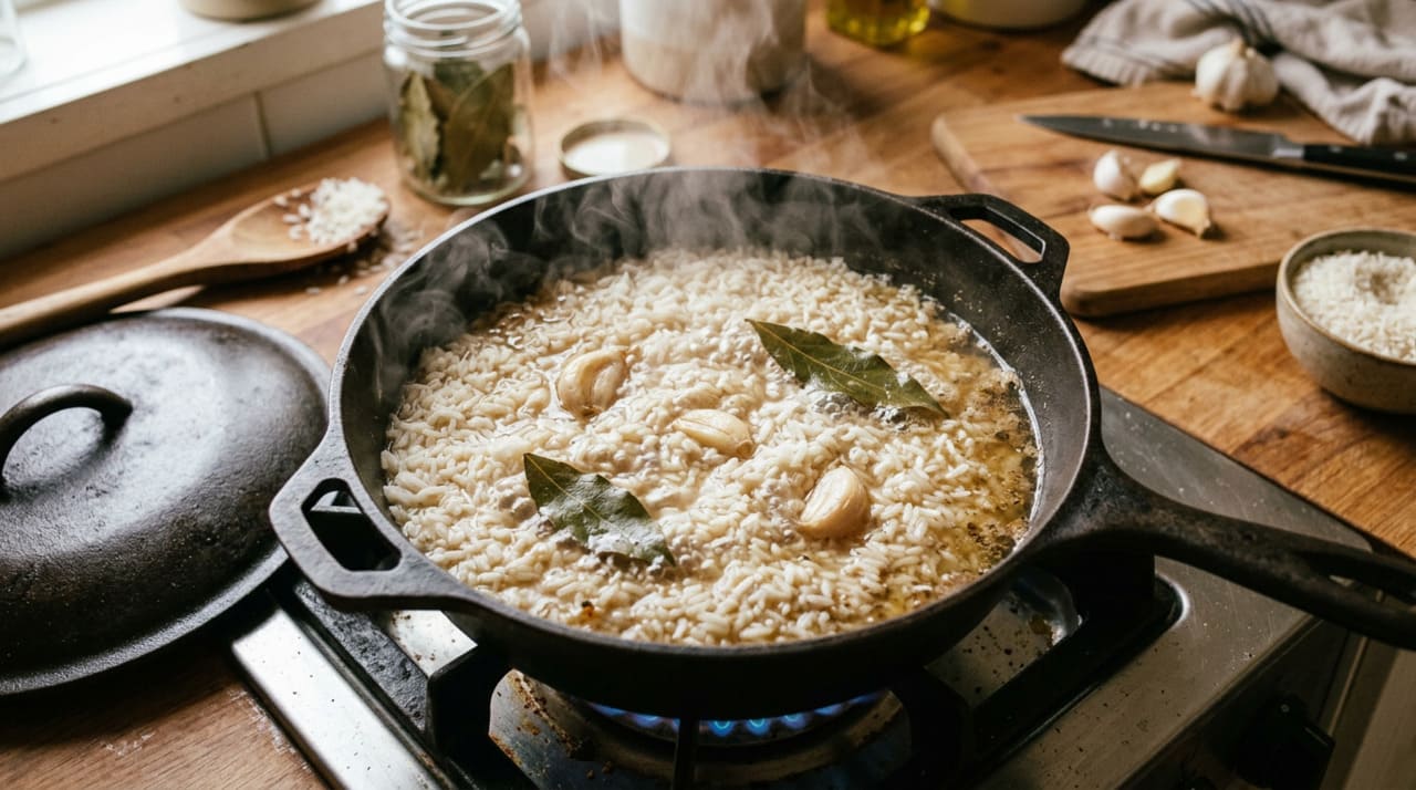 Caldo de frango, de legumes ou qualquer caldo caseiro bem temperado substituem a água sem complicar o preparo.