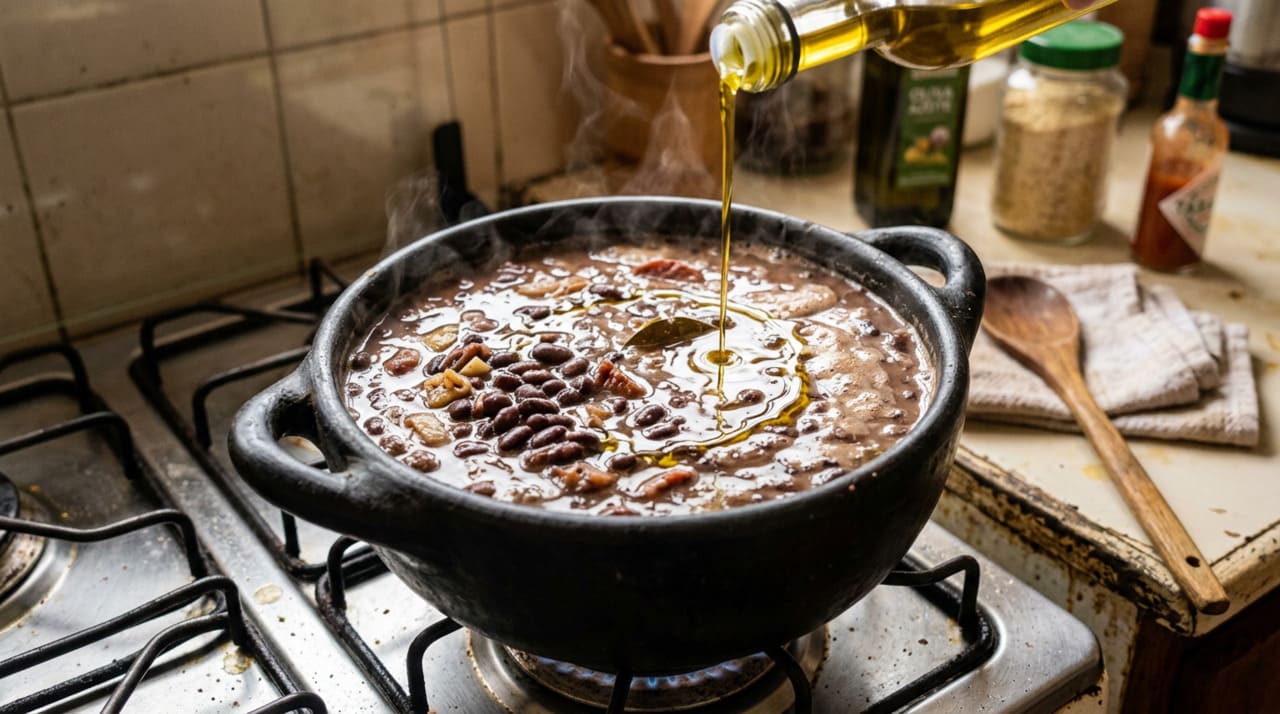 A cremosidade do feijão depende de três fatores: grãos bem cozidos, amido solto no caldo e gordura bem integrada ao líquido.