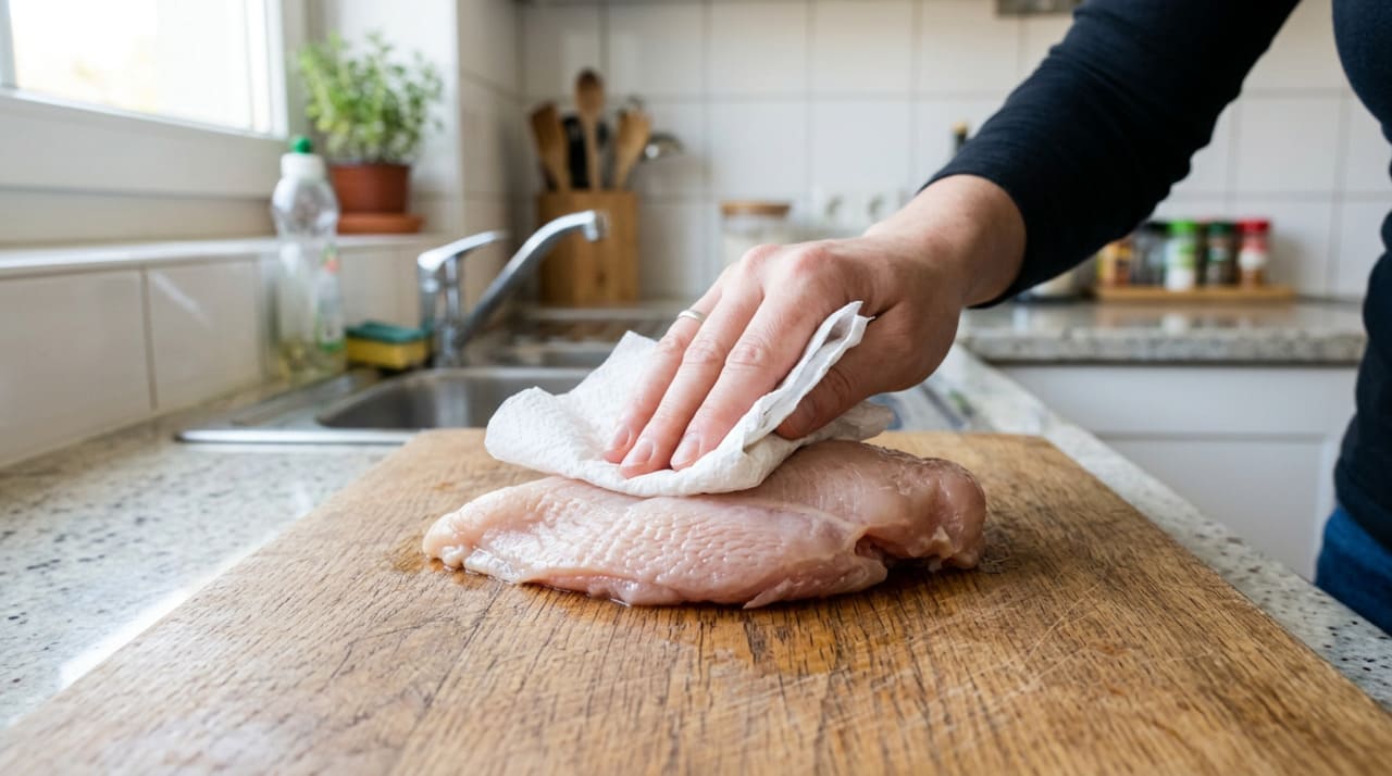 Quando adicionamos uma carne úmida na frigideira bem quente, a água presente na superfície precisa evaporar completamente antes que a fritura realmente comece.