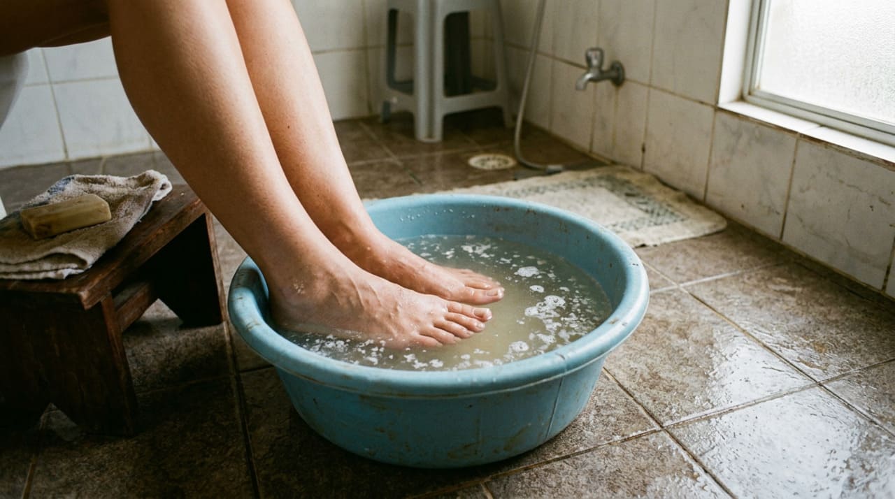 O banho de pés com vinagre e sal ajuda a reduzir microrganismos na pele, atenuar o mau cheiro e contribuir para a prevenção de rachaduras e irritações leves
