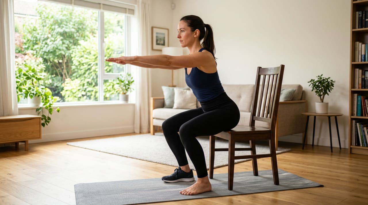 Entre as opções recomendadas, o agachamento na cadeira se destaca como um exercício simples, completo e seguro para quem sente dor no joelho