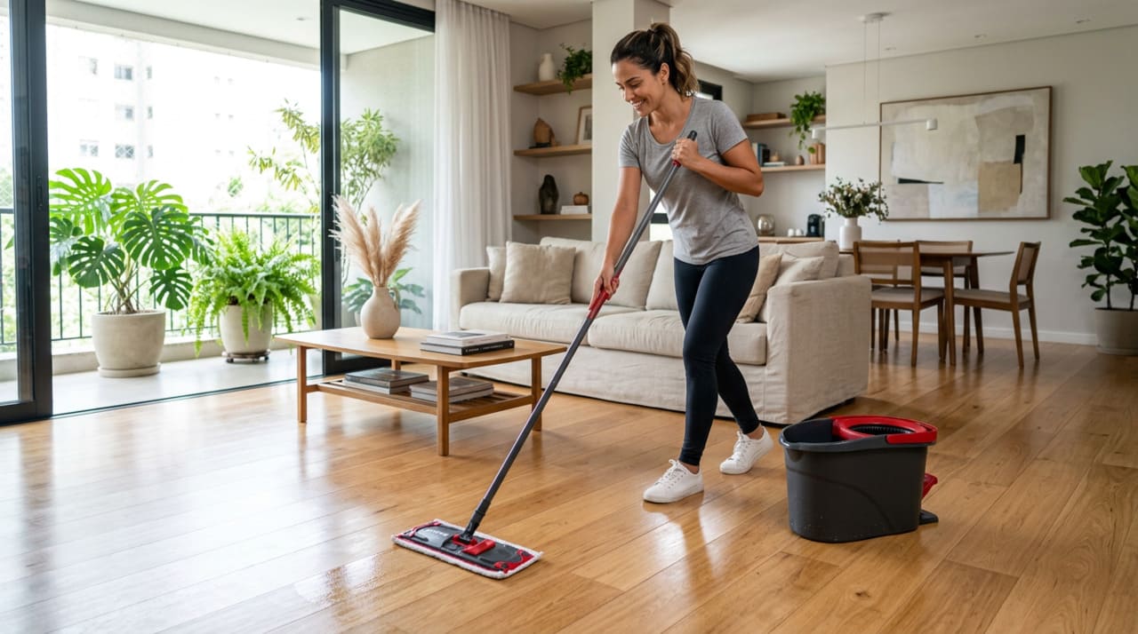 O mop de limpeza é um conjunto formado por cabo longo, base com tiras ou disco de microfibra e balde com mecanismo que remove o excesso de água.O mop de limpeza é um conjunto formado por cabo longo, base com tiras ou disco de microfibra e balde com mecanismo que remove o excesso de água.