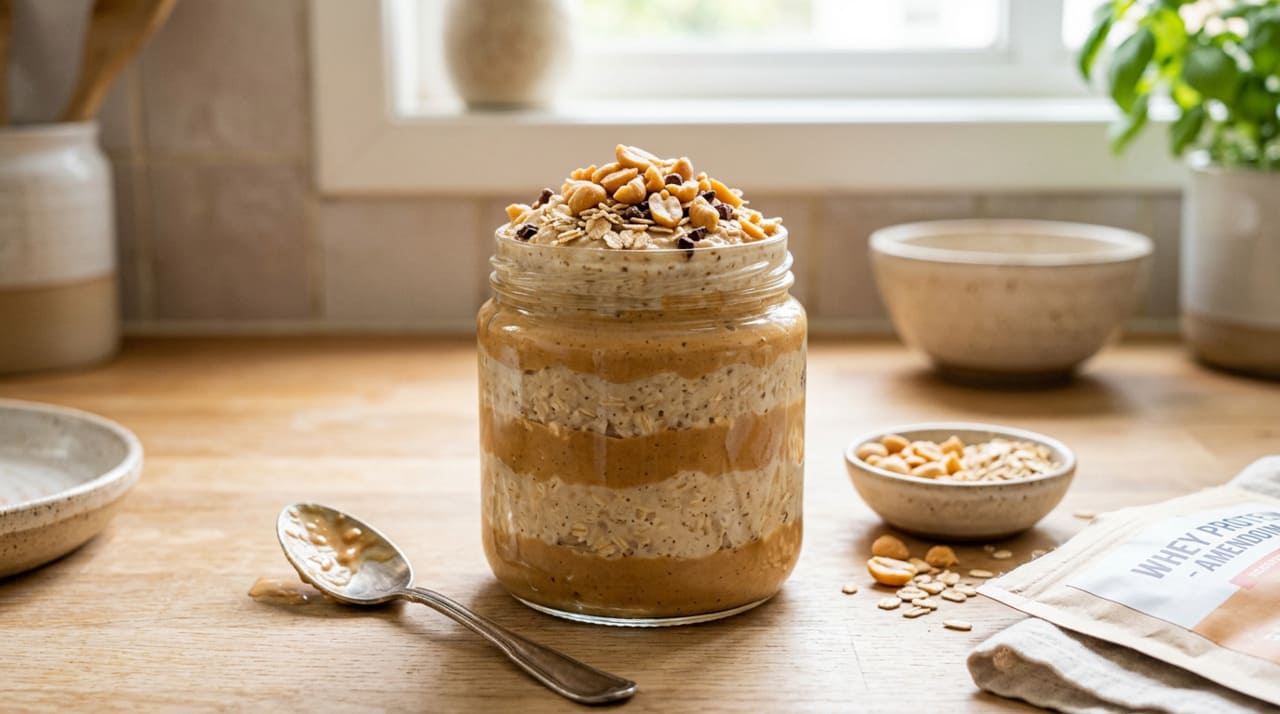 Nessa receita, amendoim e aveia entram como base energética e proteica, enquanto uma fonte extra de proteína, como iogurte grego ou whey, reforça o teor proteico de cada porção.