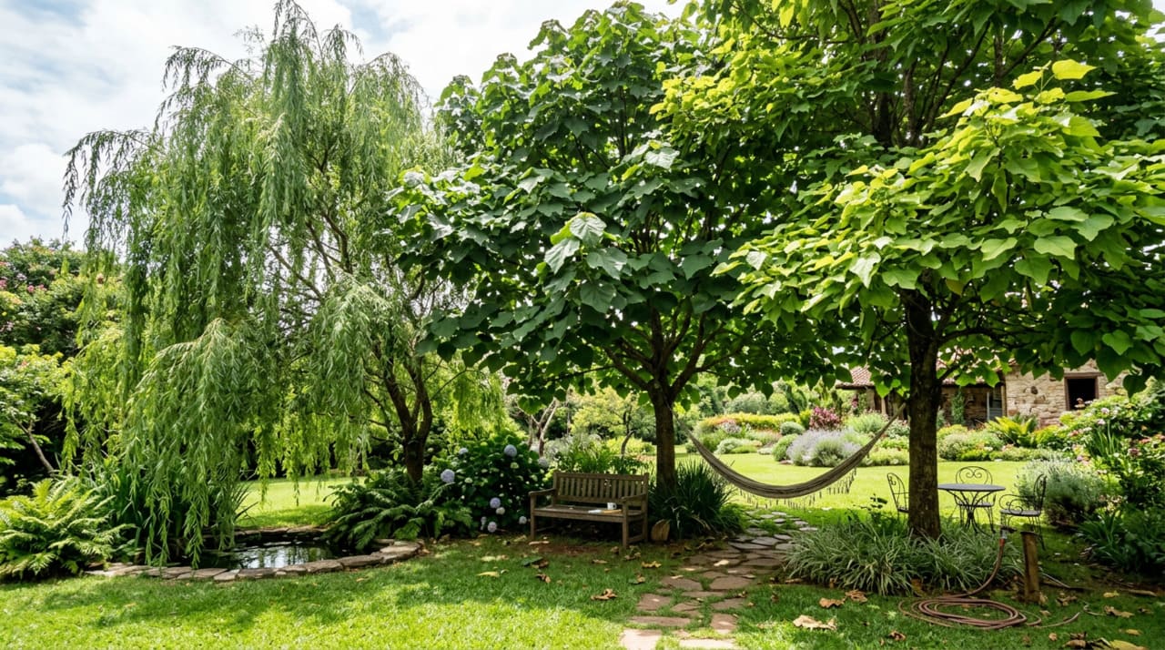 Cada espécie a seguir combina velocidade de crescimento com copa generosa, sendo adequada para jardins residenciais de diferentes tamanhos.