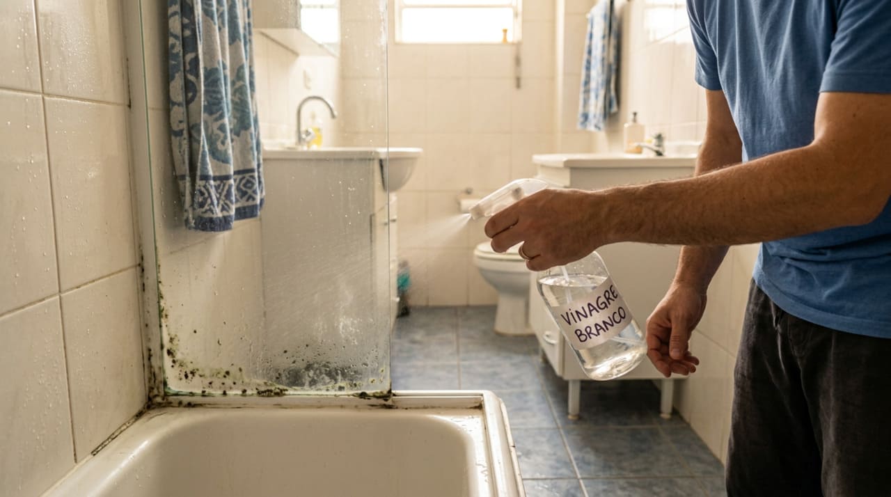 O vinagre branco de álcool é uma mistura de água com ácido acético, levemente ácido, que altera o ambiente onde o fungo vive e se espalha.