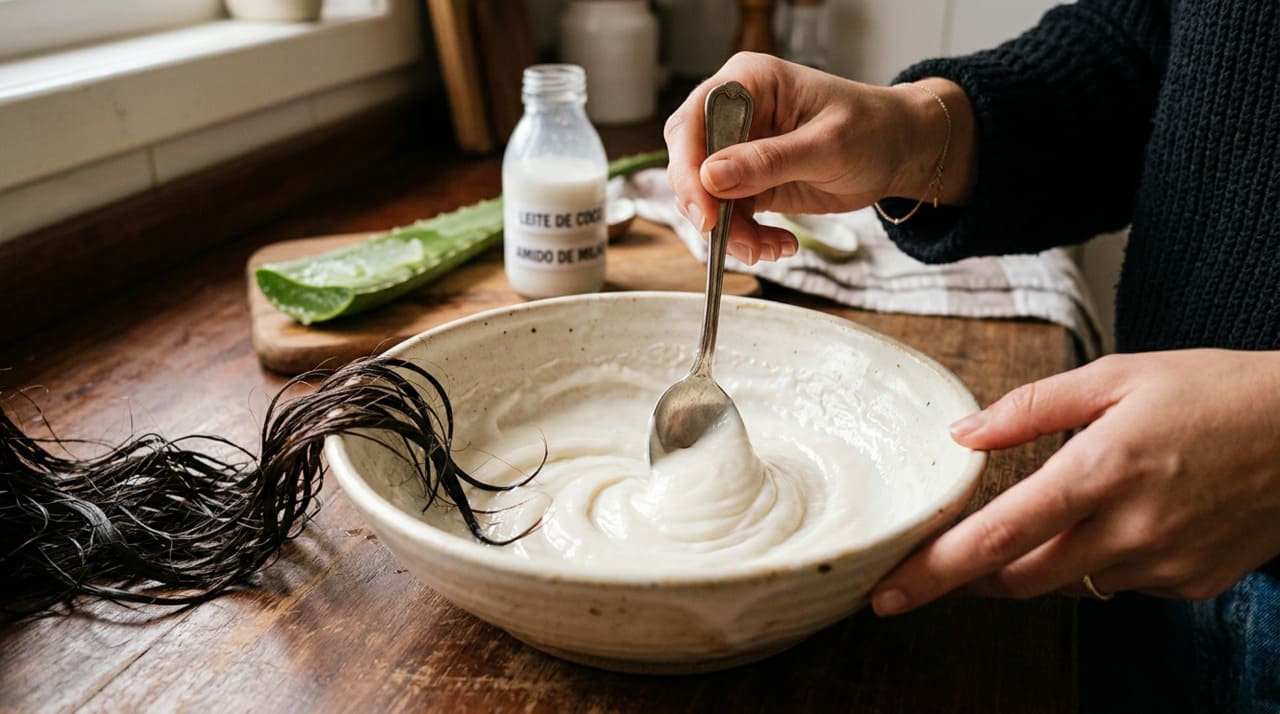 A mistura indicada combina ingredientes fáceis de encontrar e com boa aderência ao cabelo.