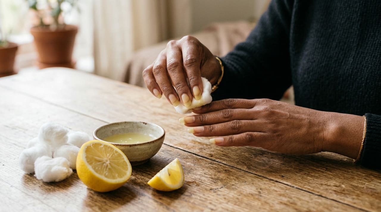 O limão possui ácido cítrico, um composto natural que age na superfície das unhas removendo resíduos e manchas causadas por esmaltes