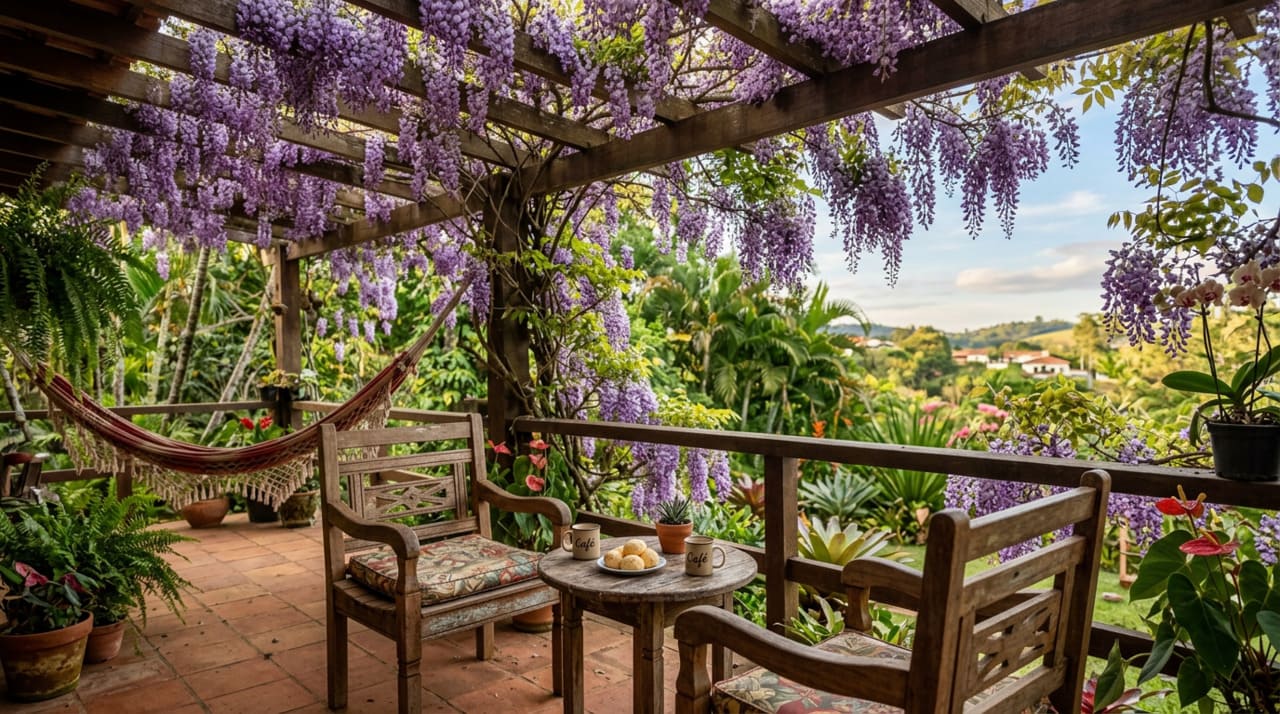 Entre as trepadeiras usadas em varandas, coberturas e terraços, a glicínia se destaca pelas longas cascatas de flores roxas, lilases ou brancas