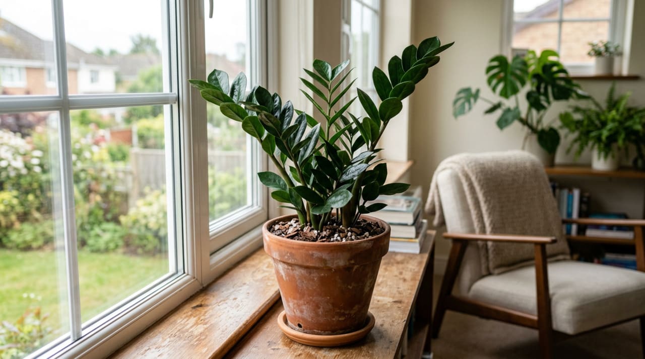 A zamioculcas cresce melhor em locais com luz indireta, temperatura estável e circulação leve de ar.