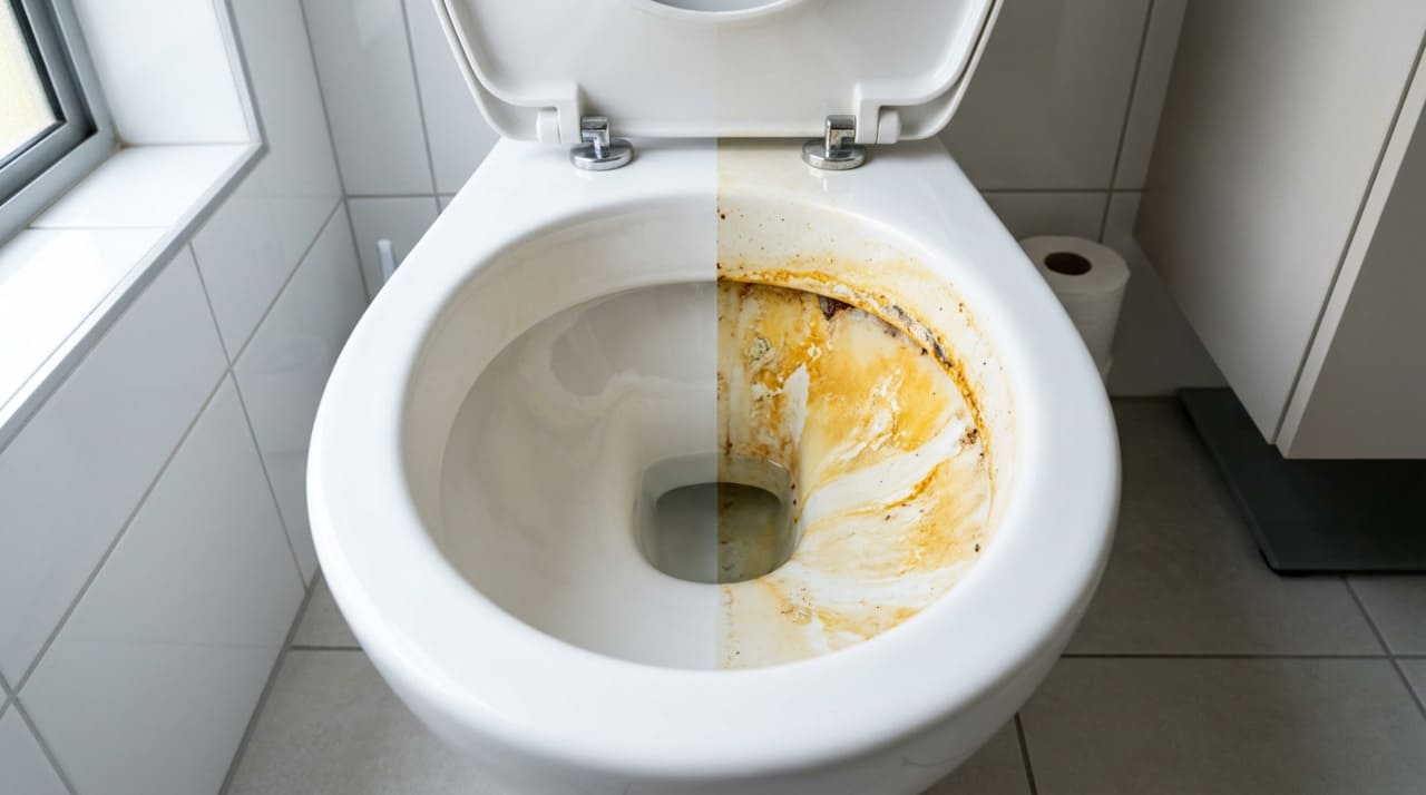 O sarro que gruda na louça do vaso é o acúmulo de minerais da água, principalmente cálcio e magnésio, que ficam presos quando a água evapora.