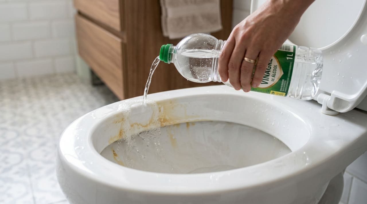 O vinagre branco é um ácido leve que reage com o calcário e ajuda a soltar manchas amareladas causadas por água dura.