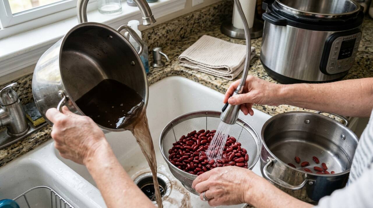 Quando o feijão fica de molho, parte dos compostos solúveis passa para a água.