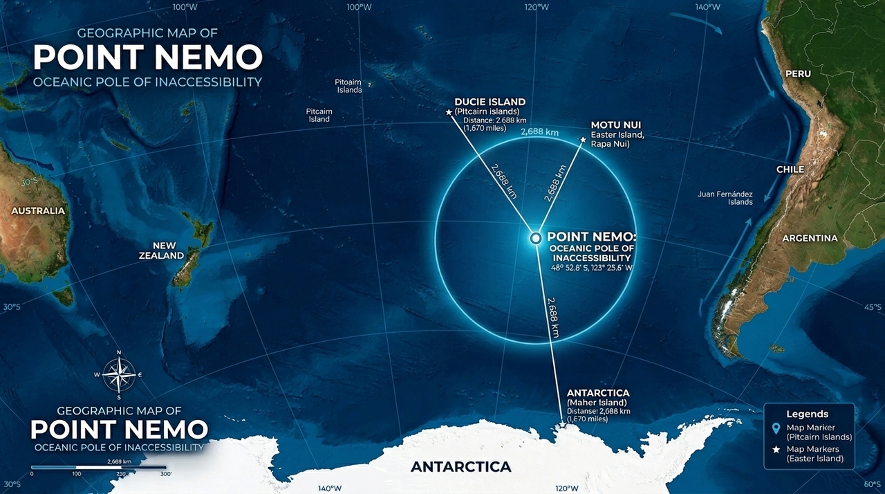 O cálculo busca o maior círculo possível dentro do oceano sem tocar nenhuma costa.