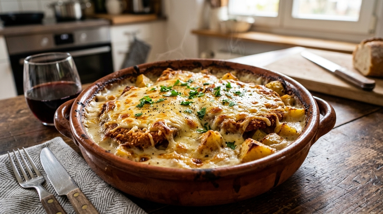 O preparo começa como uma milanesa comum: carne temperada, banho de ovo batido e camada de farinha de rosca.