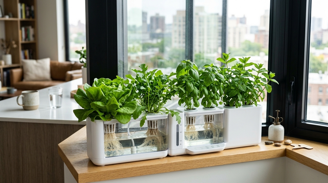 Um mini jardim hidropônico de janela é um sistema compacto em que as raízes crescem em contato com uma solução nutritiva