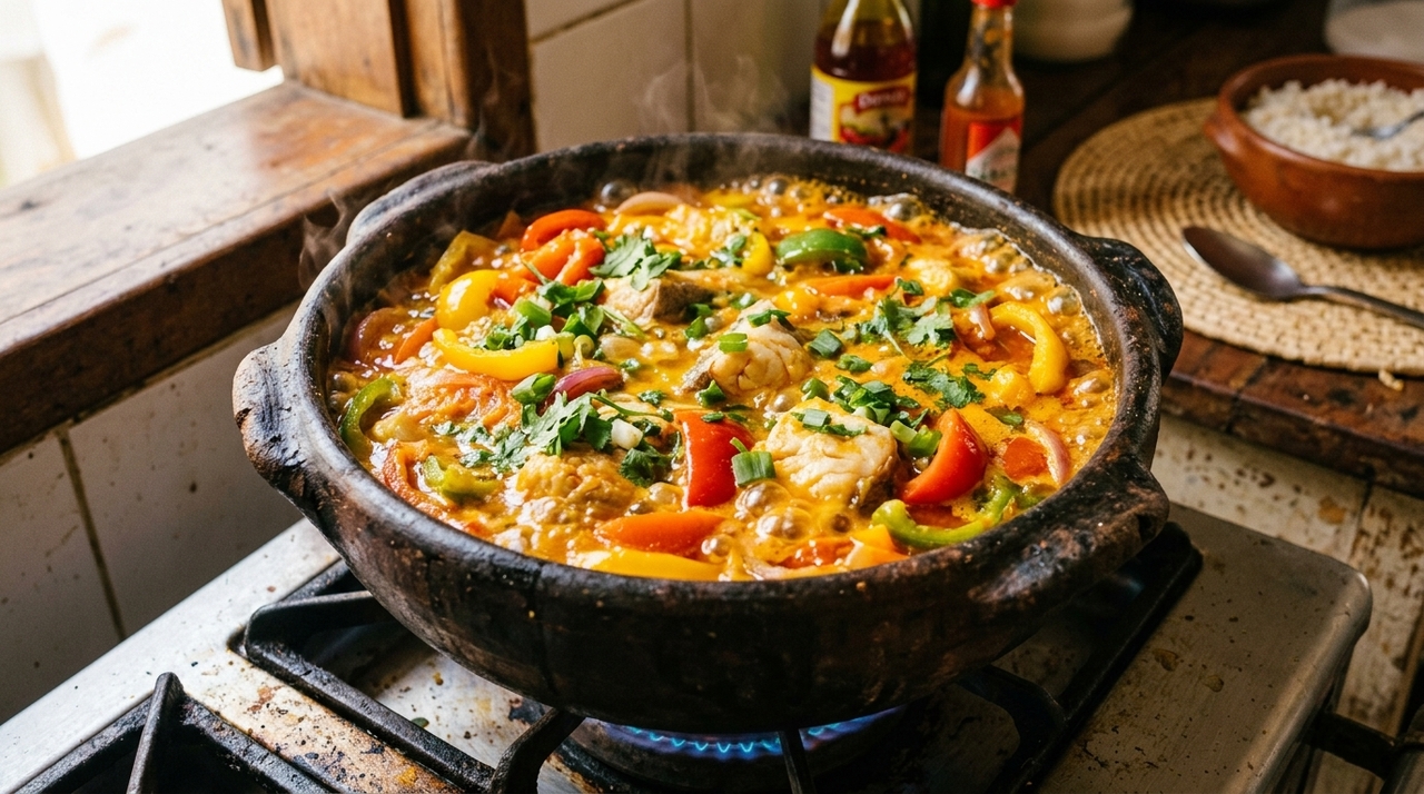 Os cozinheiros baianos concordam: “Para a moqueca ficar perfeita, é preciso refogar os temperos assim e adicionar o leite de coco apenas no final.”