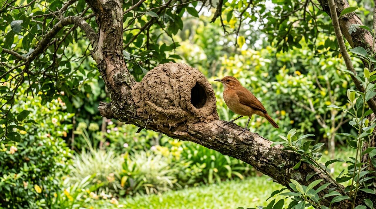 O ninho do joão-de-barro parece um pequeno forno arredondado, feito de barro endurecido, com entrada lateral ou frontal.