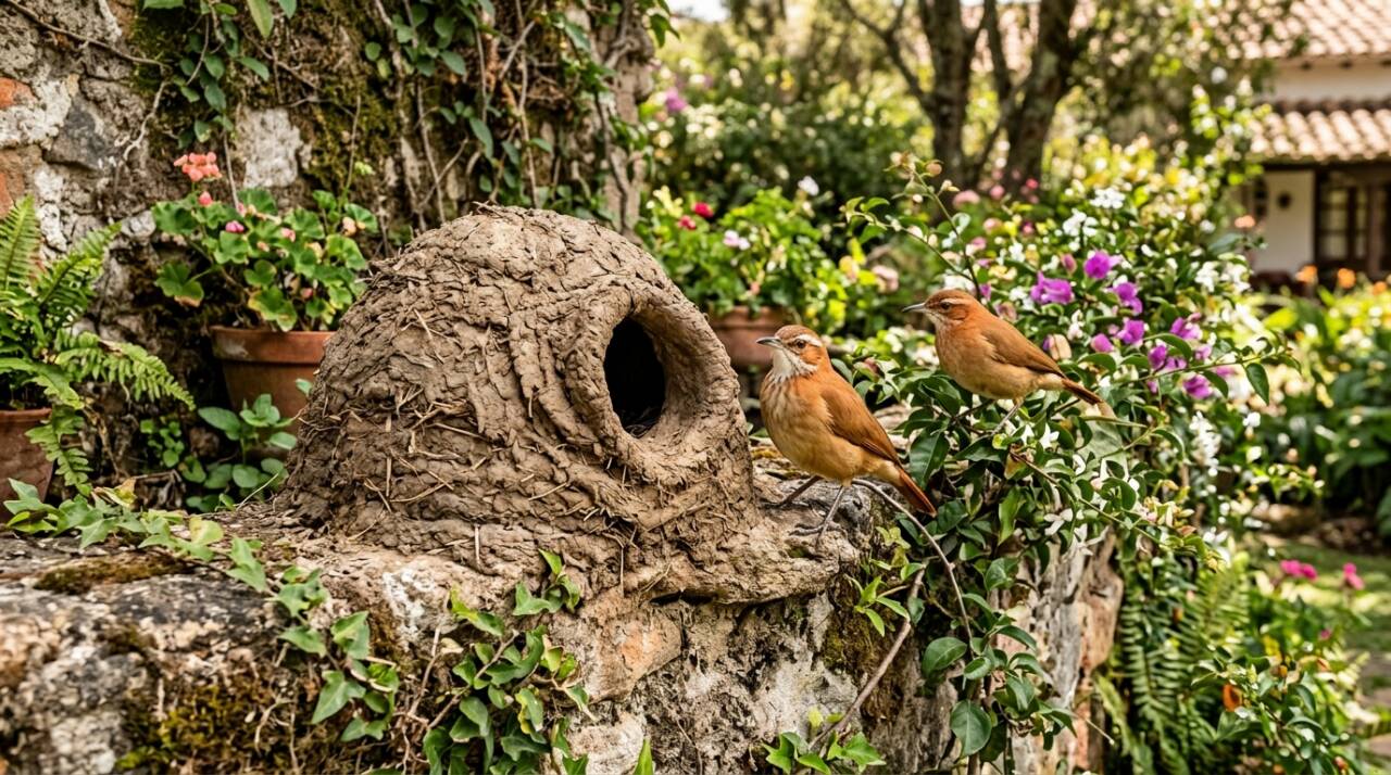 O ninho do joão-de-barro parece um pequeno forno arredondado, feito de barro endurecido, com entrada lateral ou frontal.