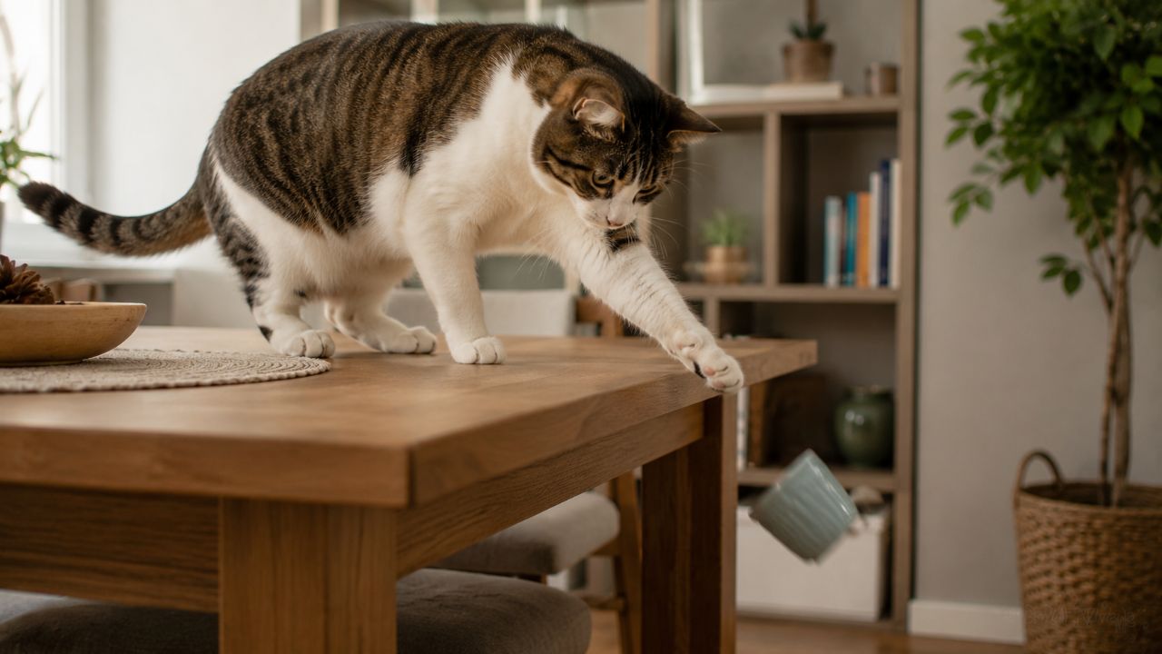 Gatos derrubam objetos pelo instinto de caça, testando a reação de suas “presas” como seus ancestrais.