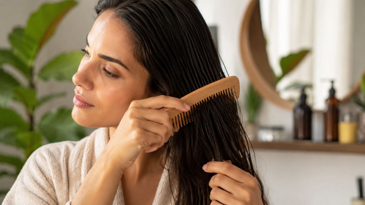O pente de madeira massageia o couro cabeludo, melhora a circulação e distribui a oleosidade.