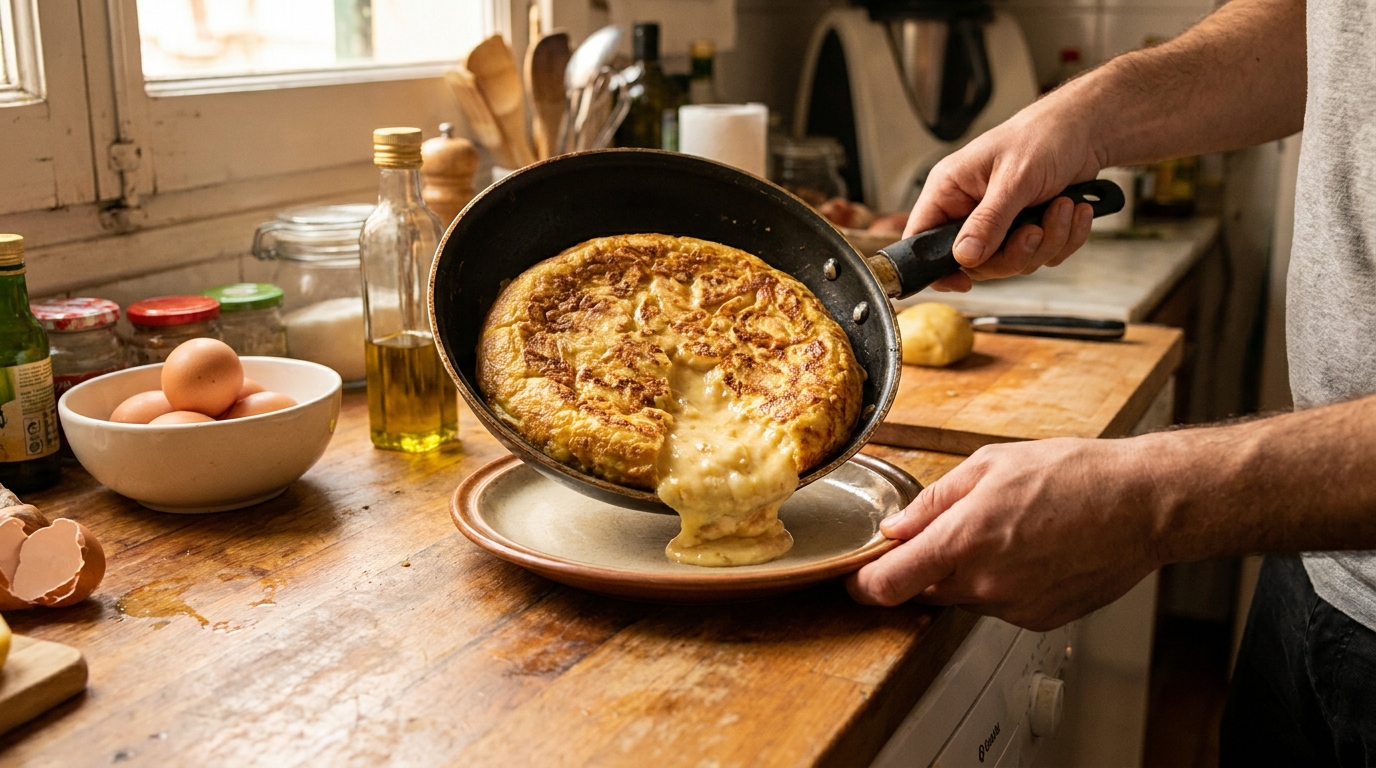 O ponto ideal da omelete acontece quando o centro ainda está cremoso e continua firmando fora do fogo.