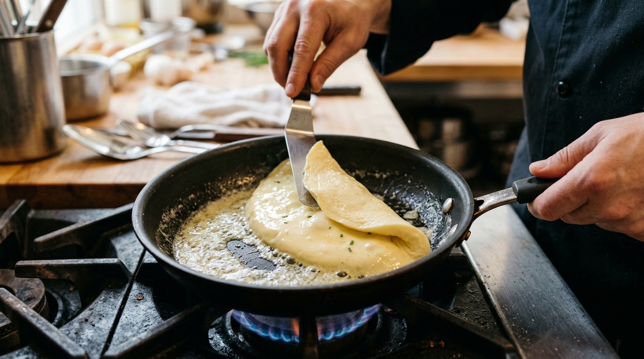 O equilíbrio é importante porque creme demais deixa o omelete pesado e dificulta a estrutura durante o cozimento