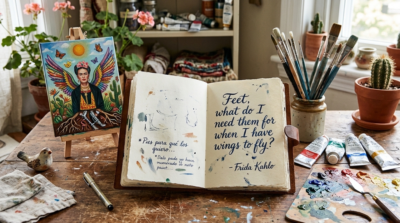 A frase aparece ligada aos escritos íntimos da artista, em um período de sofrimento físico intenso e perda de mobilidade.