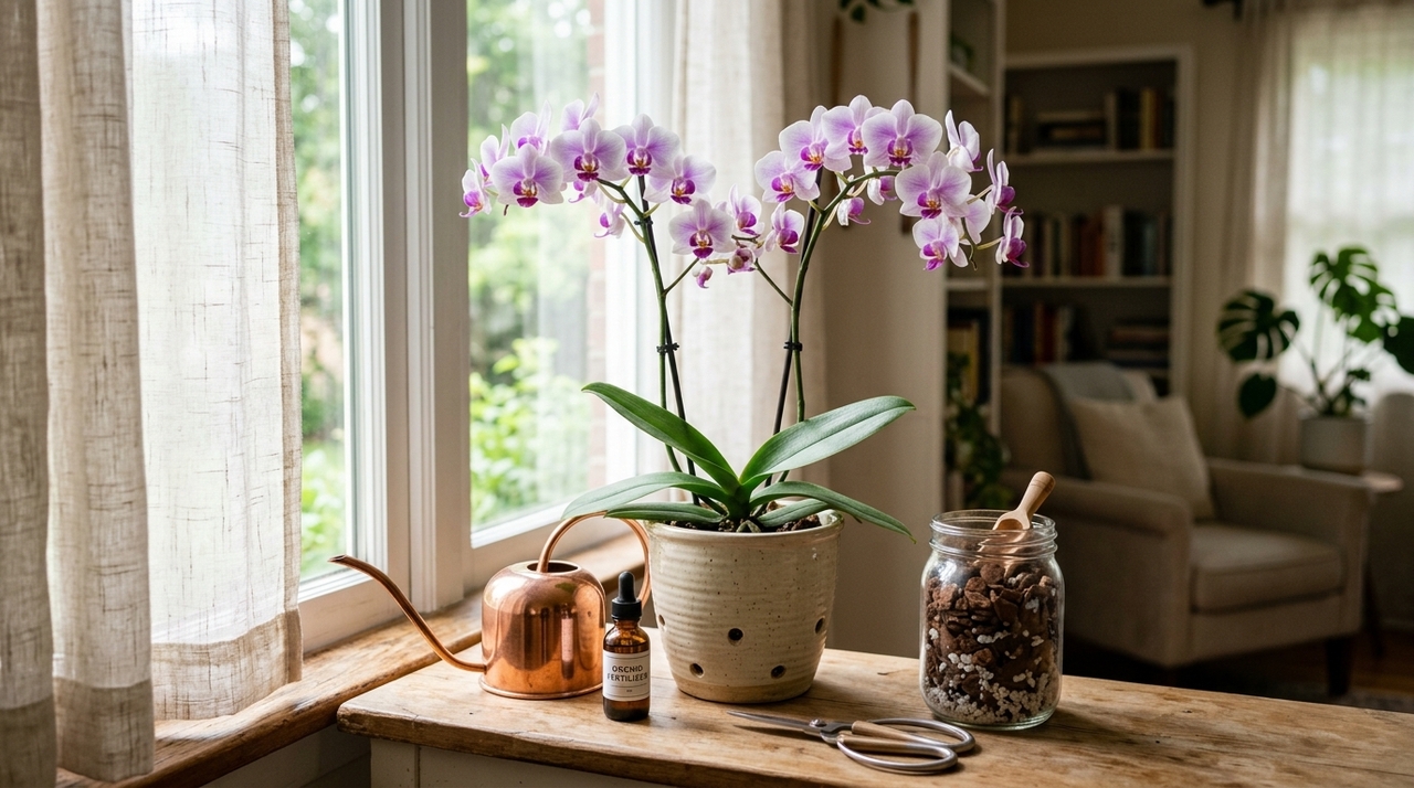 A orquídea precisa de luz indireta forte durante o dia e de uma leve queda de temperatura à noite para estimular novas florações