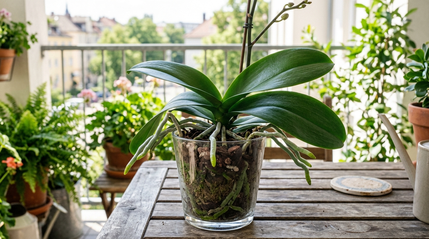 Não corte raízes aéreas saudáveis. Elas participam da hidratação, da respiração e da sustentação da orquídea.