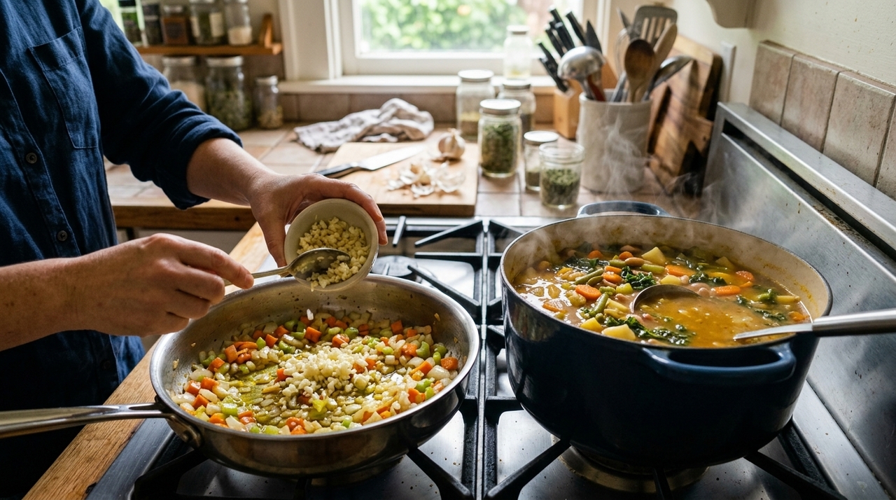 O erro mais comum é jogar o alho junto com todos os ingredientes crus ou refogá-lo por tempo demais antes de adicionar o líquido