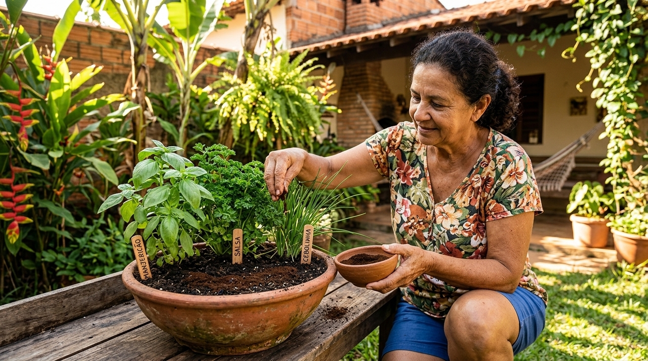 Manjericão, salsinha e cebolinha prosperam quando um único resto de cozinha é adicionado ao solo