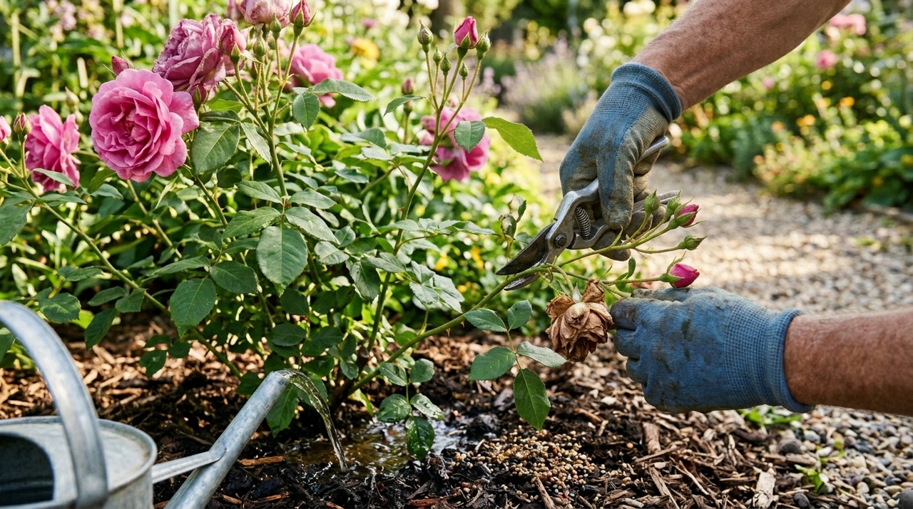 A poda anual renova a roseira e estimula brotações novas, que são as responsáveis por grande parte das flores.