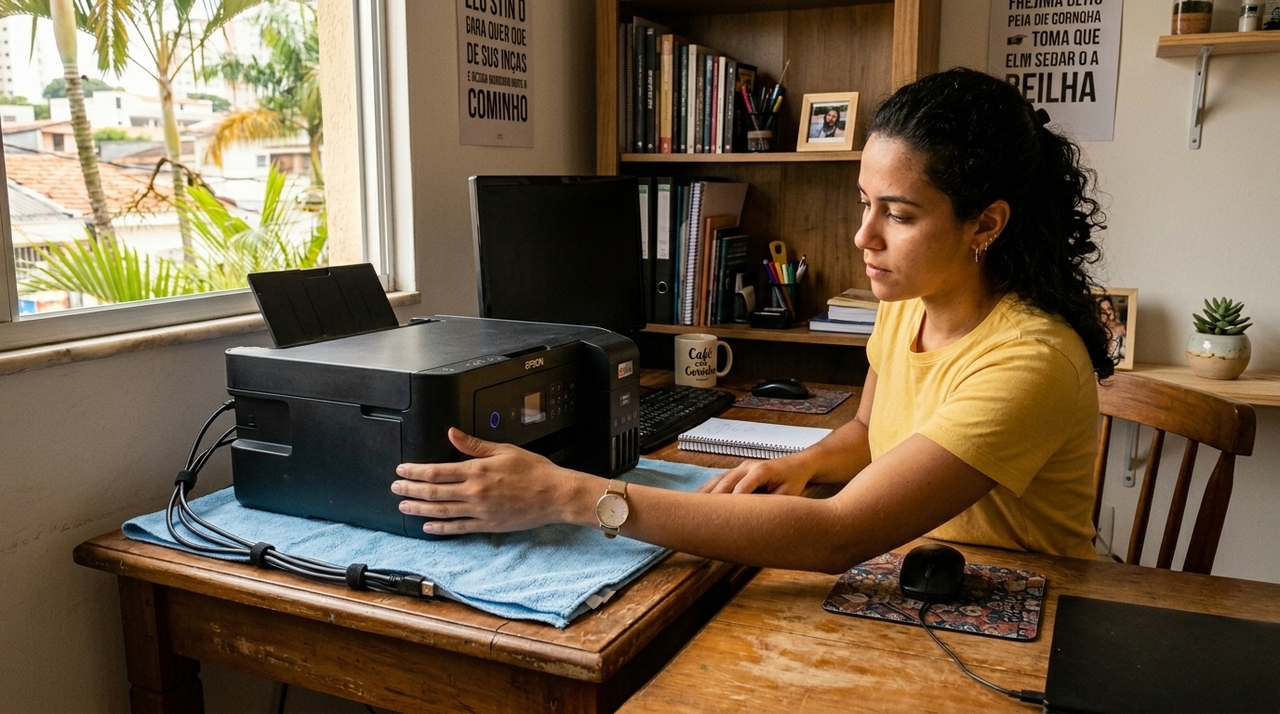 A principal função da toalha de microfibra embaixo da impressora é criar uma barreira física contra poeira fina e partículas que se acumulam sobre o móvel