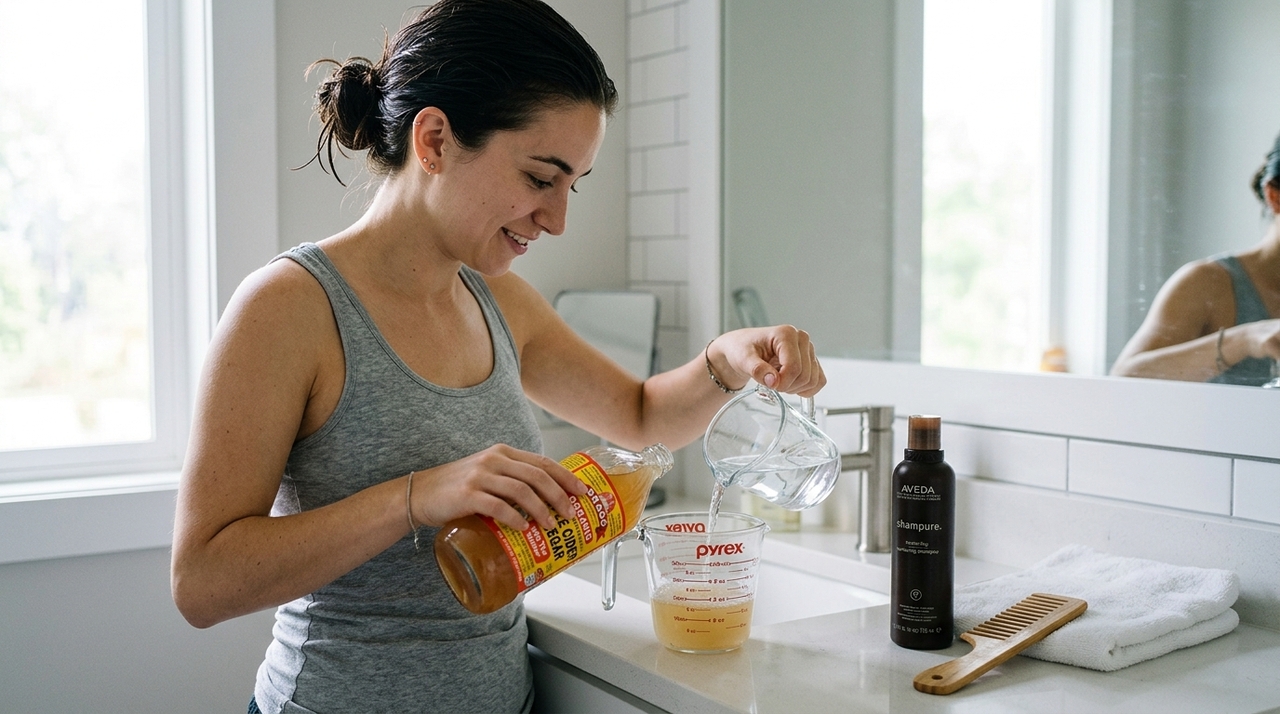 O vinagre possui propriedades que ajudam a remover resíduos acumulados por shampoos, cremes e finalizadores