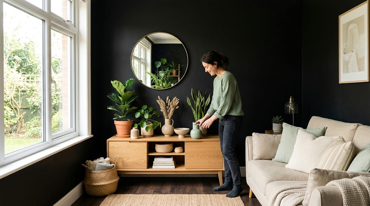 O preto absorve luz natural e reduz a sensação de amplitude.