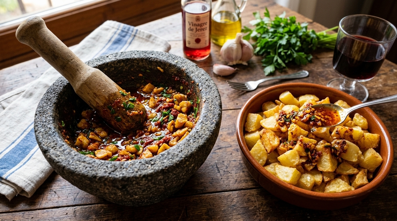 Loli Domínguez usa essa combinação para aproximar o prato das batatas ao alho e pimentón, muito comuns em receitas de taverna.